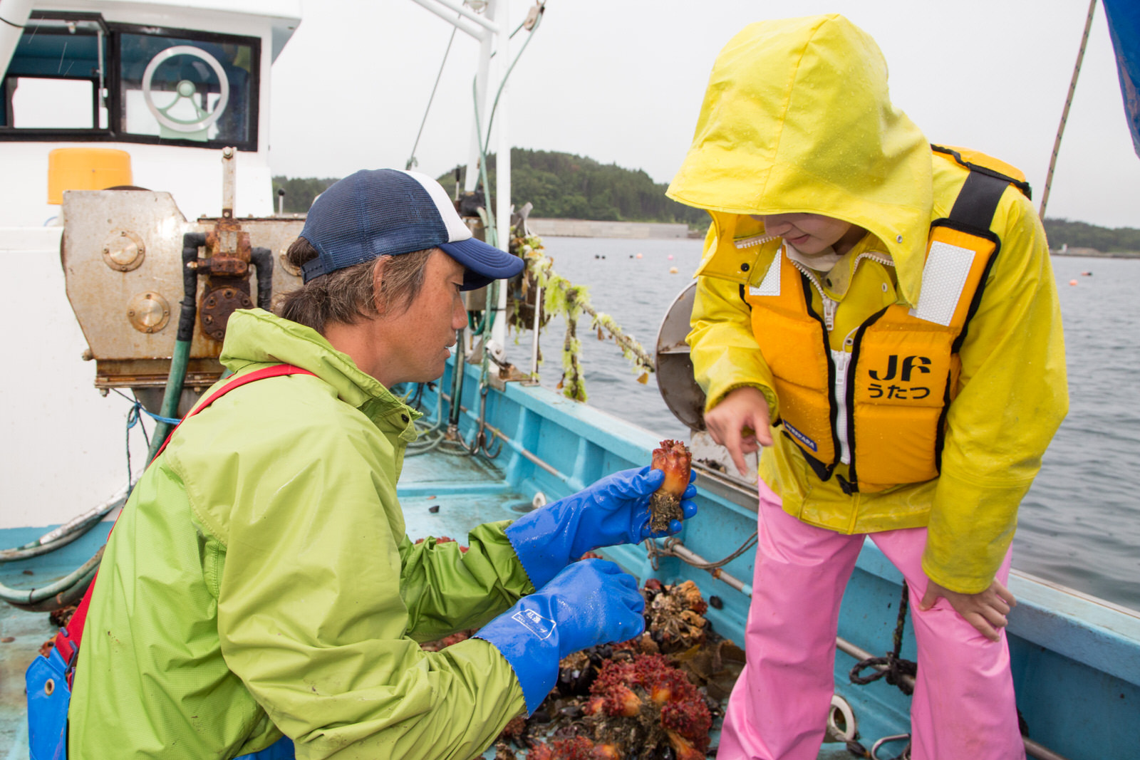 船上で緑の上着を着た男性が黄色いジャケットにピンク色のズボンを着用し、救命胴衣をつけた女性にホヤを見せながら説明している写真
