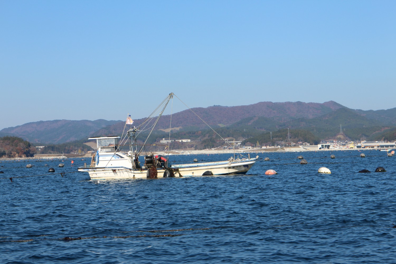 遠くには山々が広がり、穏やかな海の上に浮かぶ漁船の写真