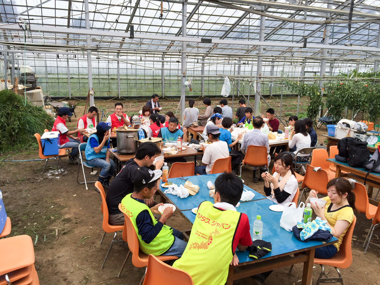 ビニールハウス内のテーブルに大勢の男女が座って食事をしながら談笑している様子を撮影した賑やかな昼食休憩中の写真