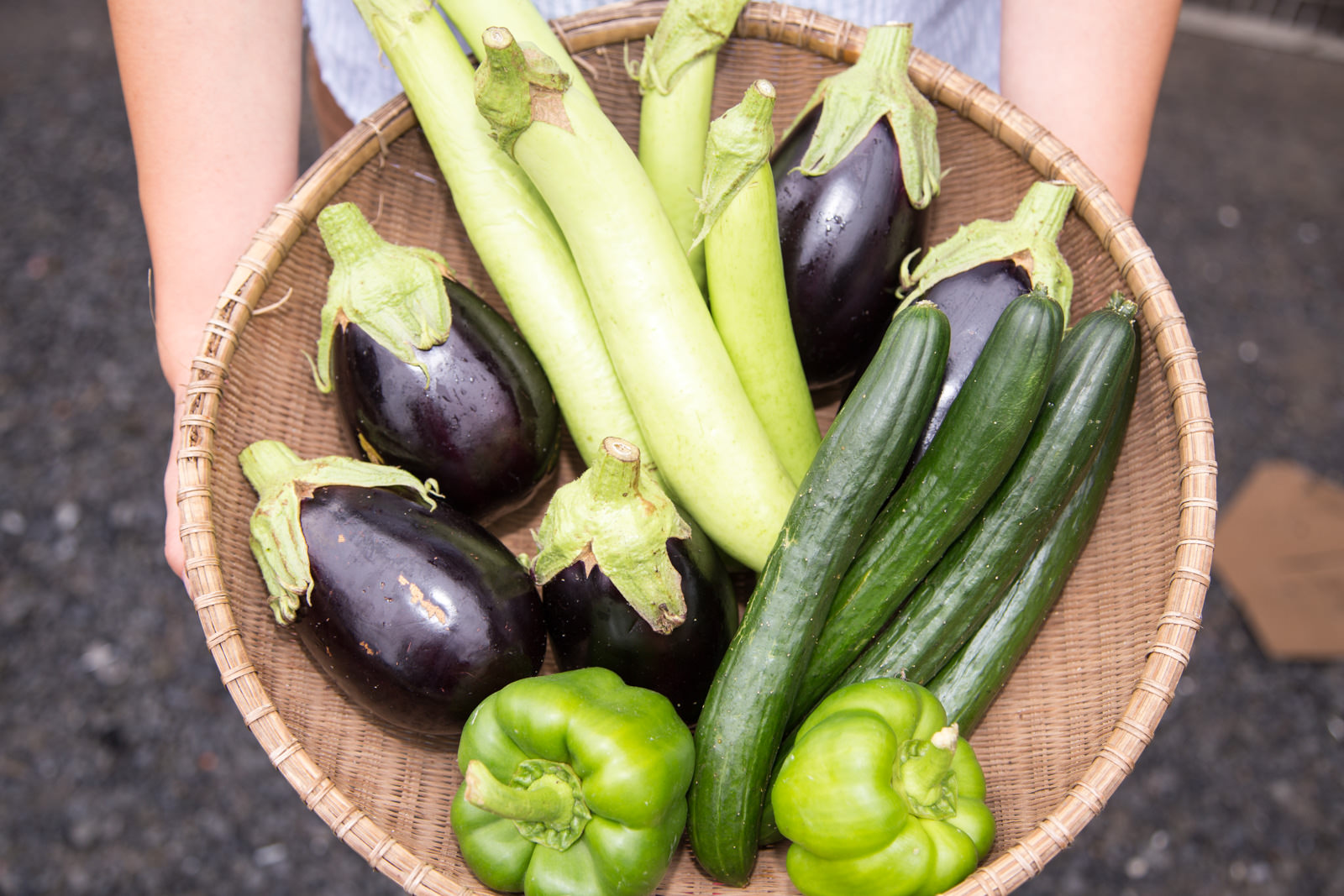 手に持った丸いざるの中に、つやのあるナス、白ナス、キュウリ、緑色のピーマンがぎっしりと並べられている収穫直後の野菜の写真