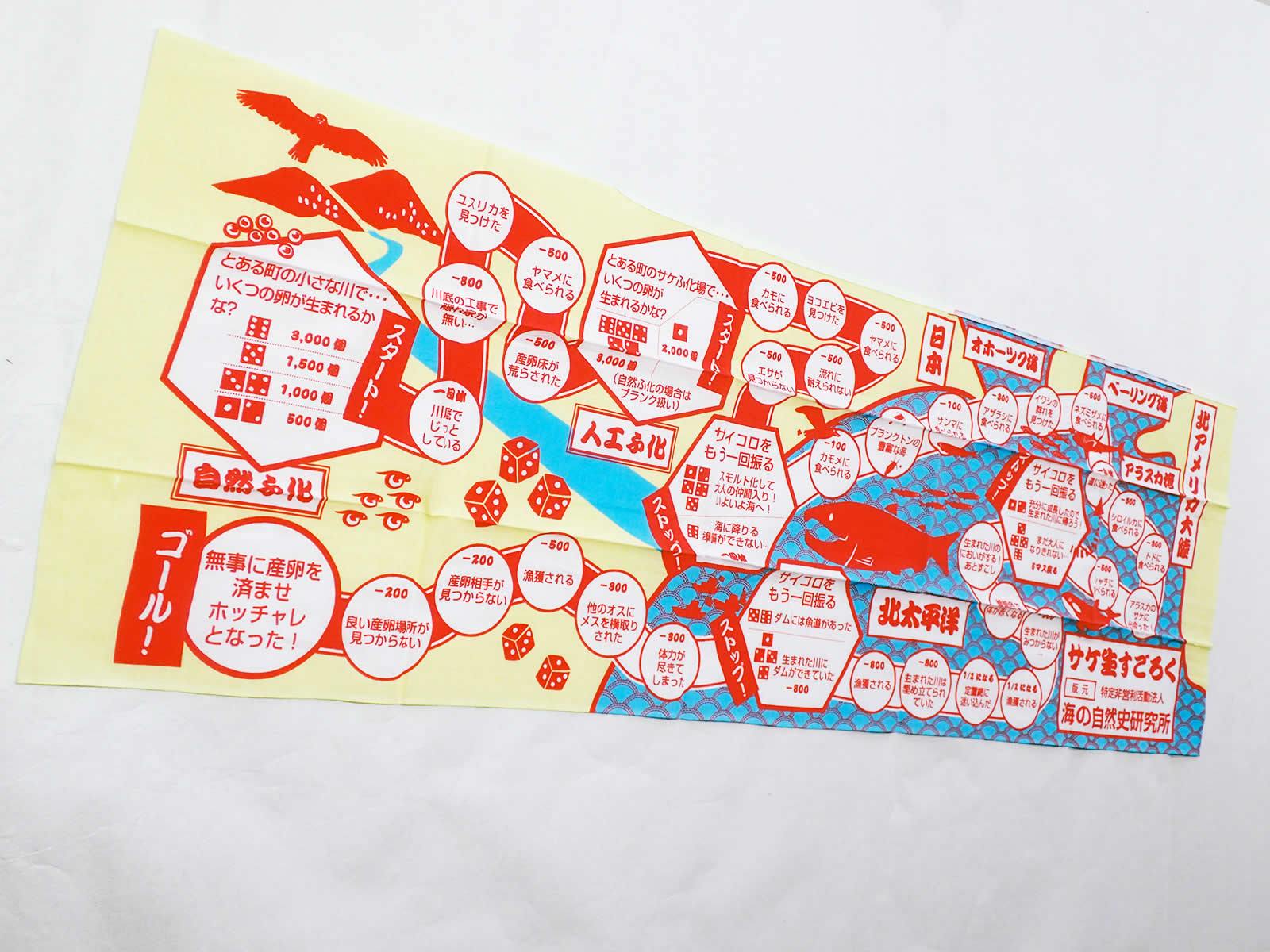 黄色と赤、水色を基調に配色された「サケ生すごろく手ぬぐい」の写真