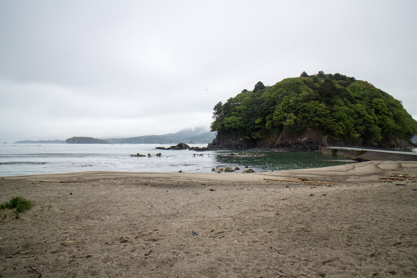 波の穏やかな湾の先に緑豊かな木々に覆われた小さな島があり、右側には島へと続く橋が見える写真