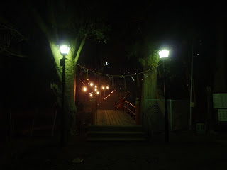 夜の神社の入り口にある木製の橋の手前に二本の街灯が灯り、奥には小さな提灯が並んで橋を照らし、周囲には木々が立ち並んでいる写真