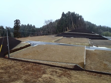 山林を切り開いて整地された土地にアスファルト舗装された道路が通り、区画が明確に整備されている宅地造成地の写真