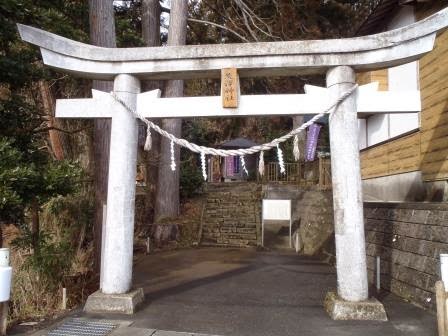 石段と社殿へ続く道が奥にあり、手前に立つ注連縄と紙垂がかけられた石鳥居の写真