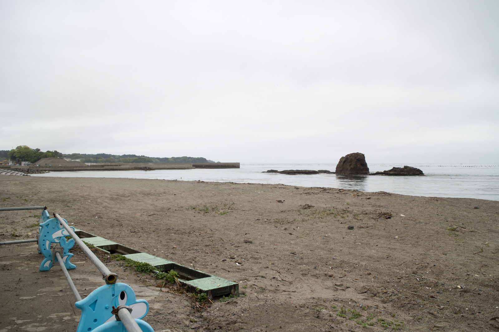 曇り空のもとで人影のない砂浜が広がり、正面の海には大きな岩がいくつか見え、手前にはイルカの形をした青い工事用バリケードが立てられている写真