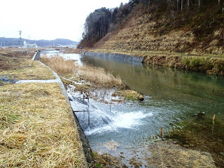 左手前の岸辺から勢いよく水が流れ、川の右岸（奥側）には、なだらかに削られた山の法面がある里山の風景にある用水路の写真