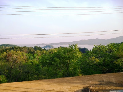 土の土地の先の緑の森越しに海、さらに遠くには丘や山が見え、複数の電線が水平に走っている空は晴れて、軽い霞がかかっている風景の写真