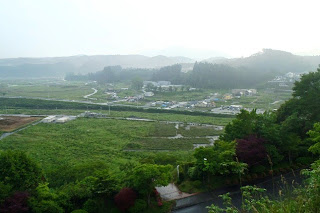 雨上がりで靄がかった山間の町を高台から見下ろした風景の写真