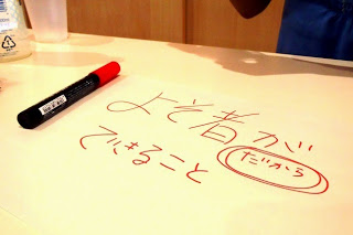 白い紙に「よそ者が（だから）できること」と赤ペンで書かれた文字と、その横にペンと飲み物が置かれている写真