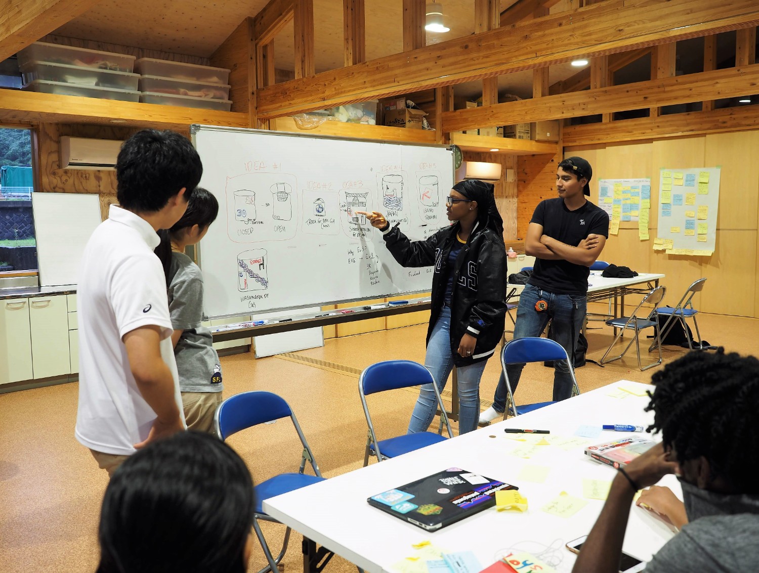 木造の温かみある室内で、黒いジャンパーを着た女子生徒がホワイトボードの前でプレゼンをし、周囲の生徒たちがそれを真剣に見ている写真