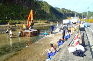 川の横の護岸で作業員が座ったり立ったりしながら見守る中、ショベルカーが川の中で鉄のカゴのようなやな場を作っている様子の写真