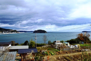 家庭菜園や建物の屋根越しに、入り江と小さな島が見え海が広がっている写真