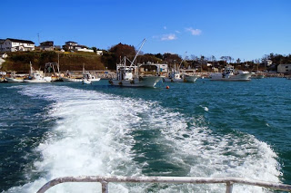 漁船の後ろから見た視点で、船が港を出て海に向かって進み、白いしぶきを上げている出港中の写真