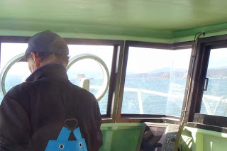 漁船の中で海を見ながら操縦している漁師の後ろ姿が映っており、船の運転席から海を見渡している航行中の写真