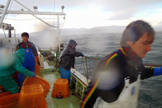 強い波と雨が降る中、漁師たちが船の甲板で作業をしている様子を写した写真