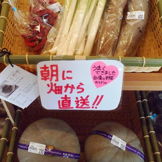 「朝に畑から直送！！」という手書きのポップが貼られた棚に、大根やネギなどの新鮮な野菜が並べられている写真