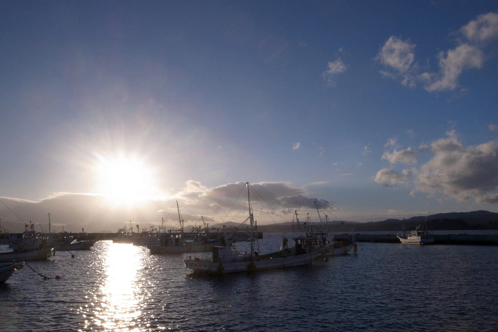 たくさんの漁船が浮かんだ海の水面が太陽の光を反射して輝いている写真