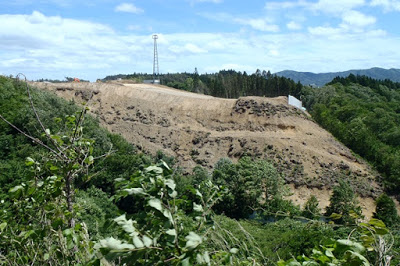遠くの山並みが見えるくらいに山の頂上付近まで平らに削られ、緑の木々との対比がはっきりした、造成中の山の全景を写した写真