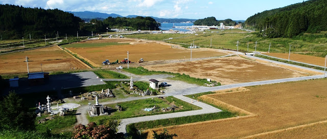 中央には石像や石灯篭があり、整備された道路や畑に軽トラックや農機が点在し、遠くには防潮堤のある港と青い海が広がるパノラマ写真