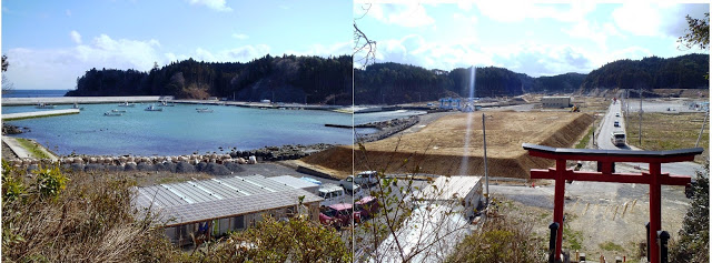 鳥居の前に道路が通り左側の海には漁船が停泊し海岸には整地された空き地が広がり、海沿いの堤防の側には作業場が建てられ駐車場に車が停まっている写真
