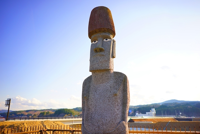 顔は縦長、高く張った額、直線的な鼻、くぼんだ眼窩が目立つ巨大な石像のモアイ像の写真