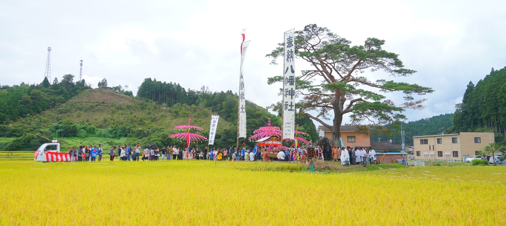 金色の稲穂が広がる田んぼの奥にある大きな1本の木の横に「奉納 八幡神社」と書かれた大きな旗が上がり、その周りに多くの人たちが集まっている写真