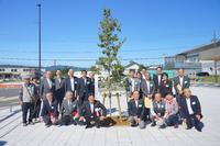 晴天の下、広場で20人ほどの男女が、新しく植えられた若木の前で整列し、記念撮影に臨んでいる様子を写した写真