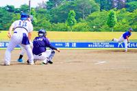 ピッチャーが投げたボールをキャッチャーとバッターが構えて待ち構えている様子の写真