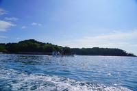 海に出ている定置網揚体験の参加者達を乗せた船を遠くから写した写真