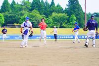 赤いユニフォームの選手がホームに向かって走り、キャッチャーや他の選手がそれを見守っている様子の写真