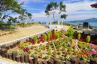 丸太で囲まれた花壇の中に植えらている沢山の花や木の奥に見える幸せの鐘の写真