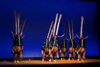 舞台上で黒を基調とした華やかな衣装を身にまとい、頭に長く伸びる飾りをつけた踊り手たちが揃って伝統的な踊りを披露している郷土芸能の様子の写真