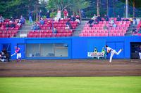 ピッチャーが投球動作をしており、バッターが打席に立って構えている試合中の一瞬が写されている写真