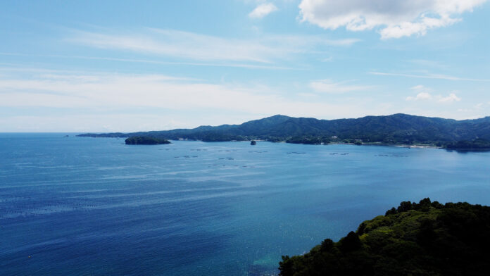穏やかな青い海の向こうに緑豊かな山々が広がっており、海には養殖のいかだが点在している様子が空撮で写されている、三陸の沿岸域の写真