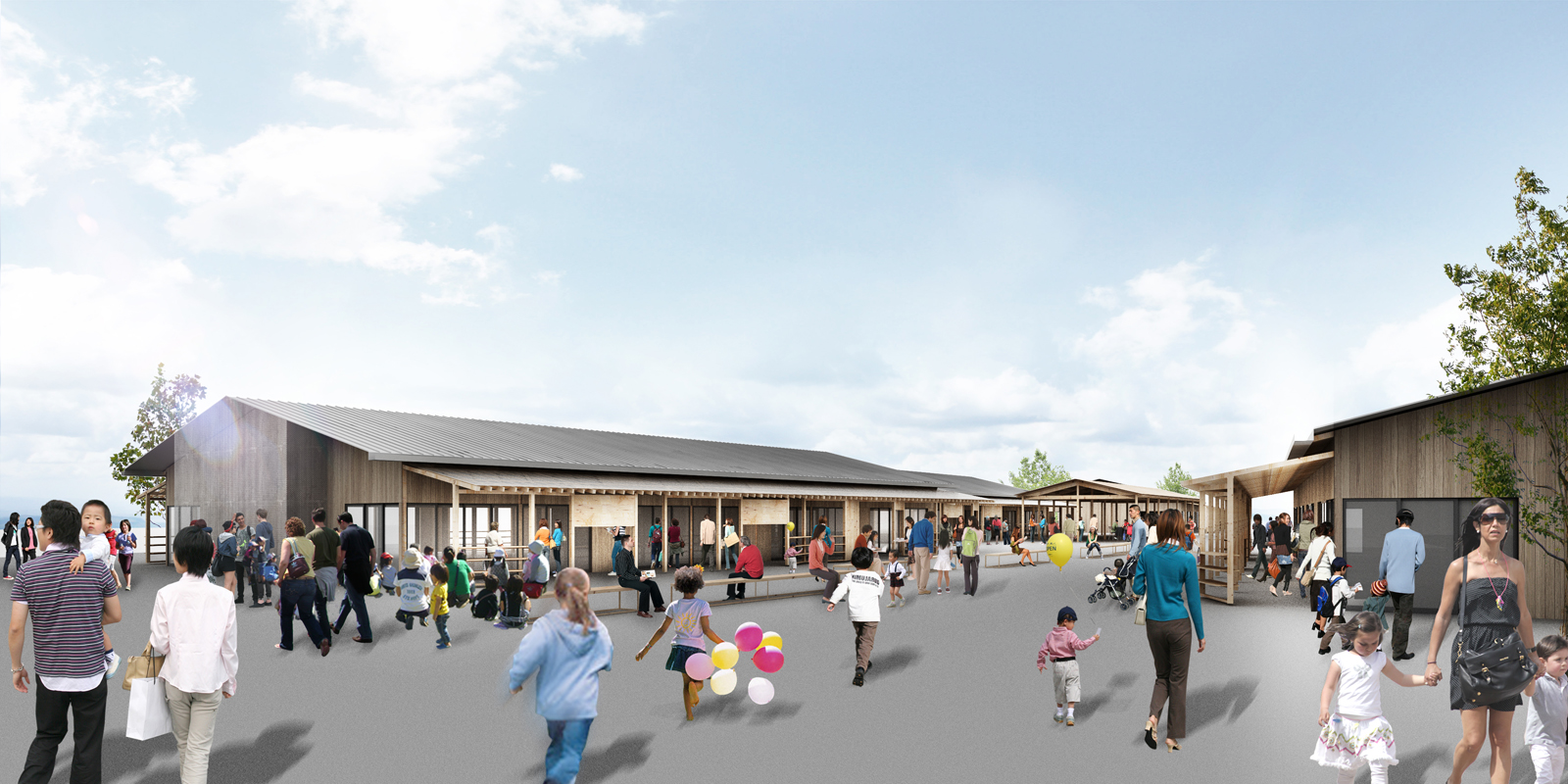 左右に木造の平屋の建物が並ぶ商店街に多くの人々が訪れている様子を描いた完成予想図