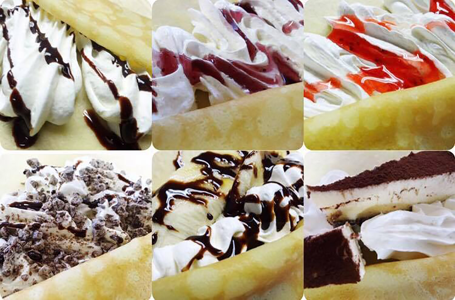 チョコ、イチゴソース、ブルーベリーソースなどがかかった6種類のクレープの写真