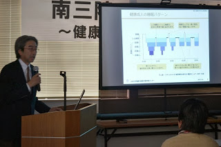 スクリーンに資料を映し、壇上でマイクをもって話をしている安藤真一先生の写真