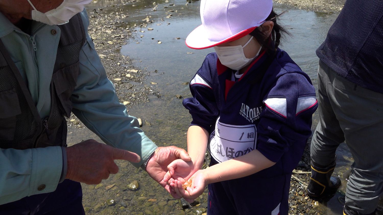 女の子が浅瀬の川の中で両手に小さな魚を持ち、年配の男性がその魚について説明している写真