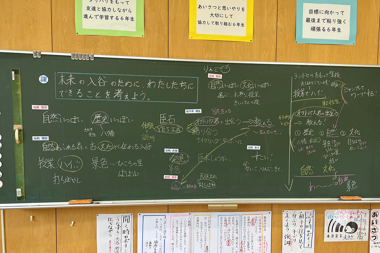 「未来の入谷のために、わたしたちにできることを考えよう」と書かれた黒板にたくさんのアイディアが書きだされている写真