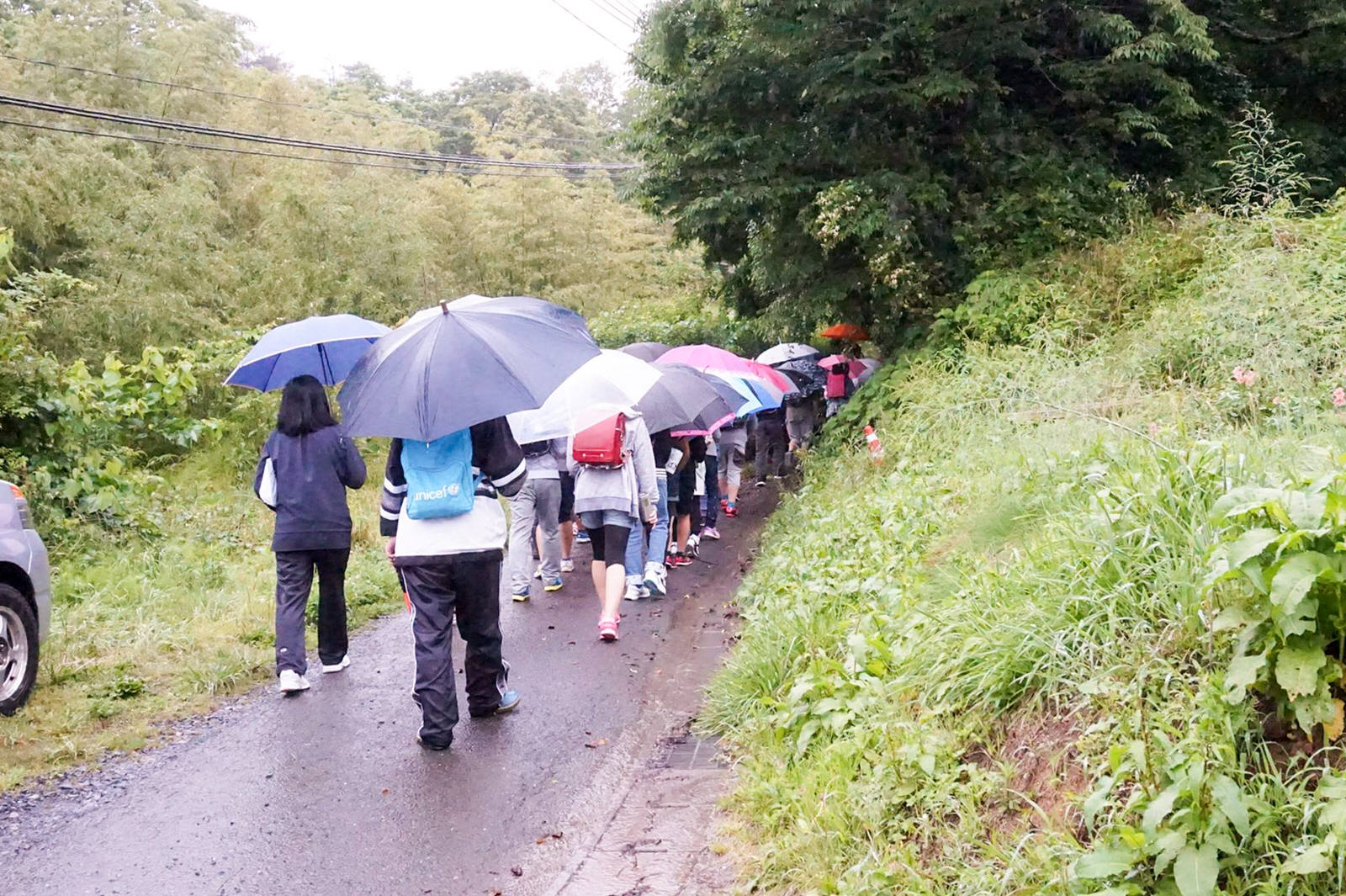 子どもたちと引率の大人たちが雨の中を傘を差して細い山道を歩いている様子の写真