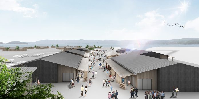 木造の平屋建ての建物が並び、建物の間の通路に多くの人々が集まり買い物や交流を楽しんでいる様子が描かれ、背景には海と山が広がる商店街の完成予想図の画像