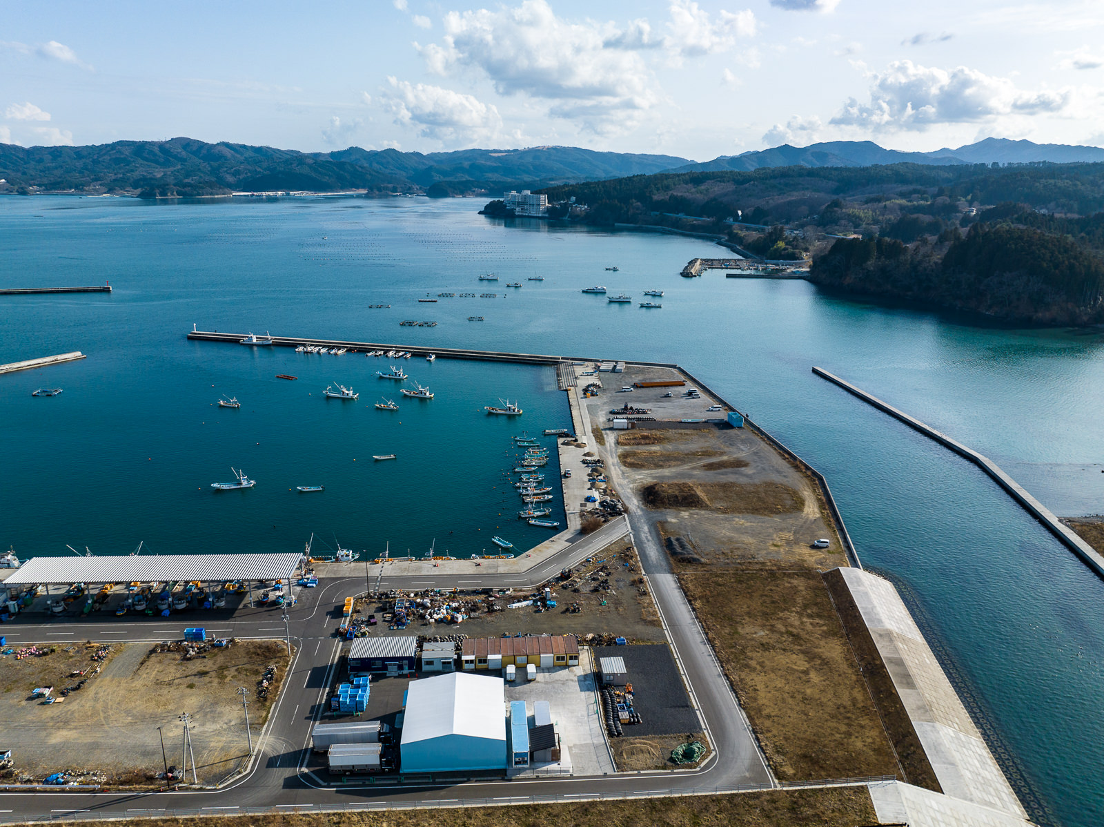 湾の右端部分に堤防が伸び、周囲には造成跡の土地が広がり、奥には森と海が広がる静かな入り江が見える港湾整備中の区域の昼間の風景を高台から定点カメラで撮影した写真