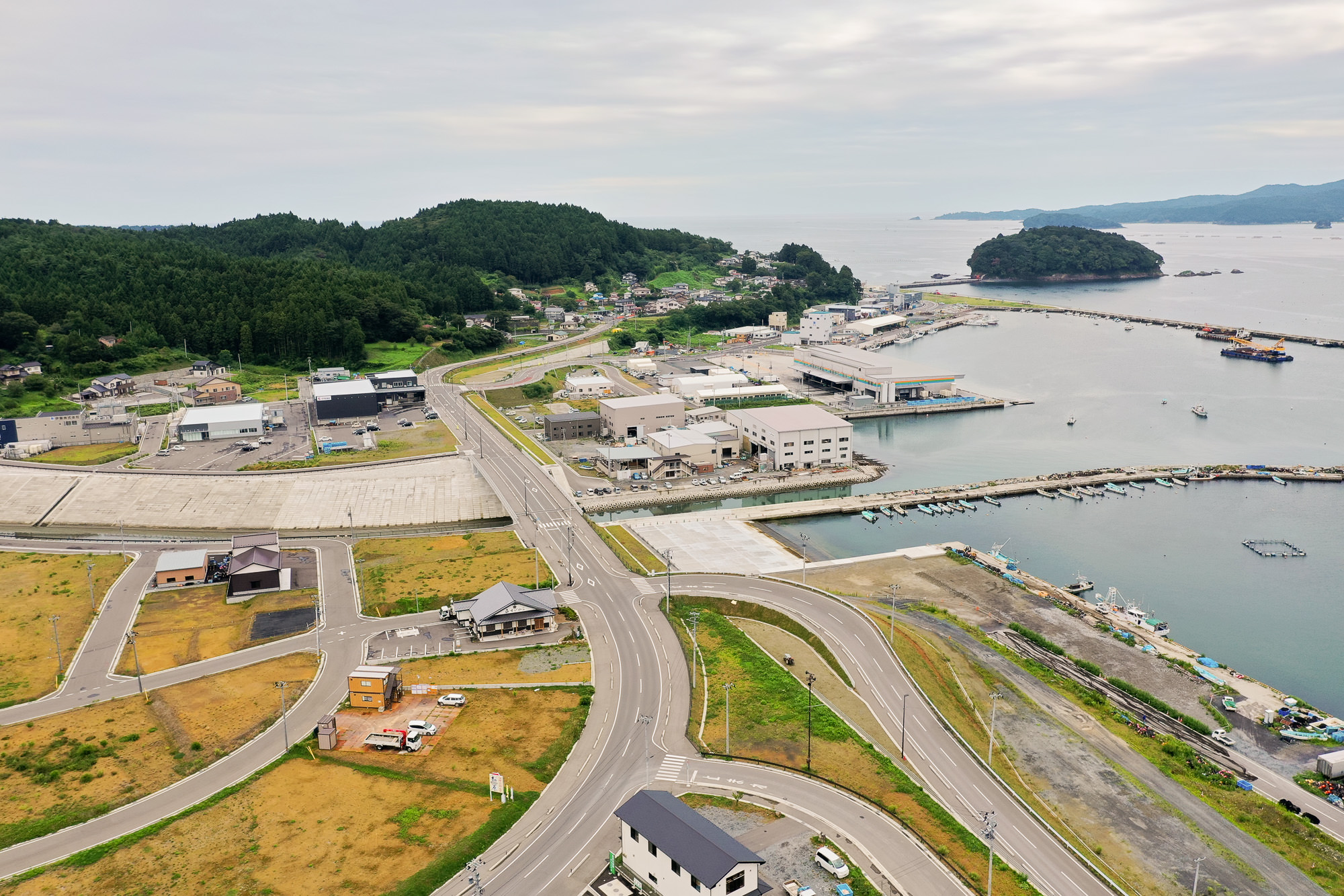 港の左手に位置する市街地と道路網が整備され、数軒の建物や車が並び、背後に緑の山が広がっている様子を写した港町の街並みの写真