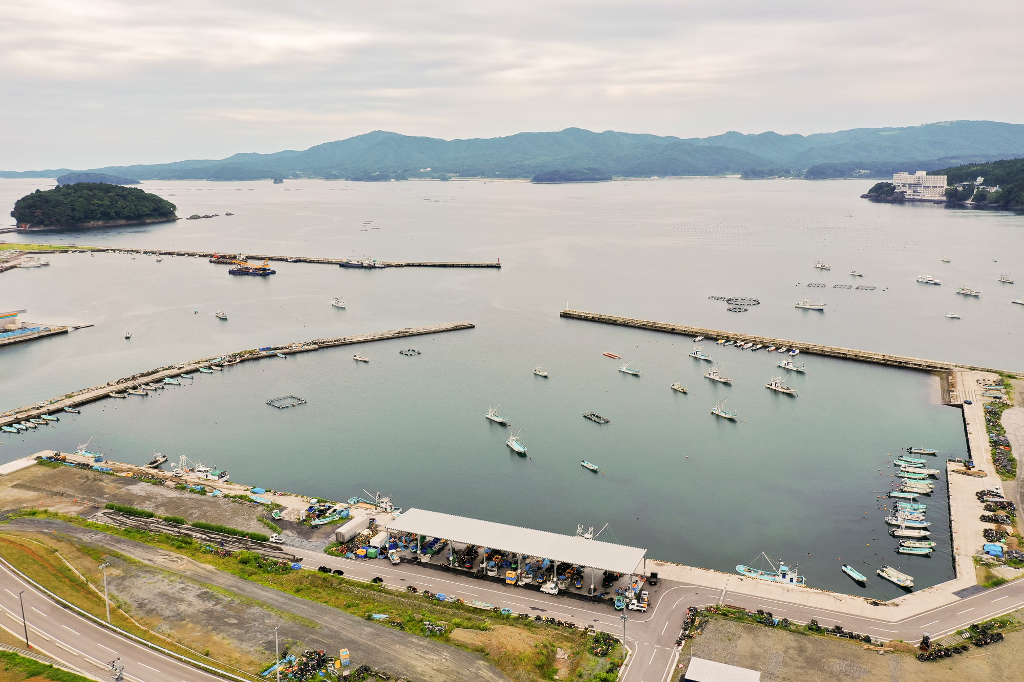 港の中央部に位置する漁港施設と防波堤に囲まれた湾内に漁船が停泊し、奥には島と対岸の山が見える漁業活動の拠点の写真