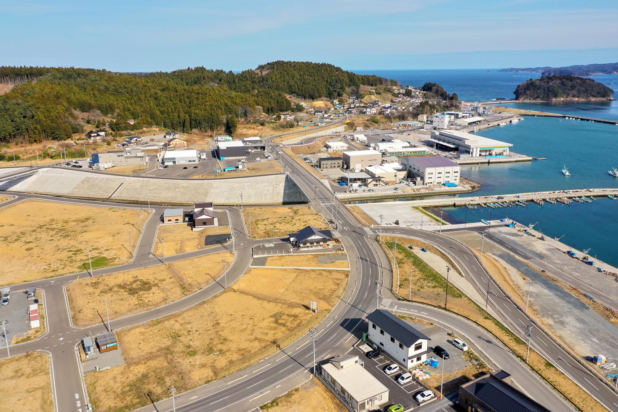 住宅と工業施設が混在する海沿いの町を空から見下ろした風景で、複数の道路が町の各所を結び、海岸には桟橋や埠頭が突き出し、背景には緑の丘が広がり、建物が立ち並ぶ区域と未開発の土地が混在する沿岸都市の写真