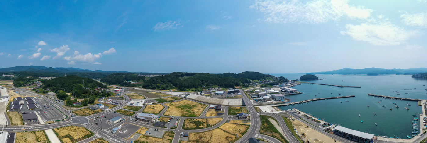 港に複数の船が停泊し、桟橋が海に突き出している海辺の町を上空から見下ろした風景で、町には建物や道路、緑地が広がり、背景には丘や山々がそびえる晴天の写真