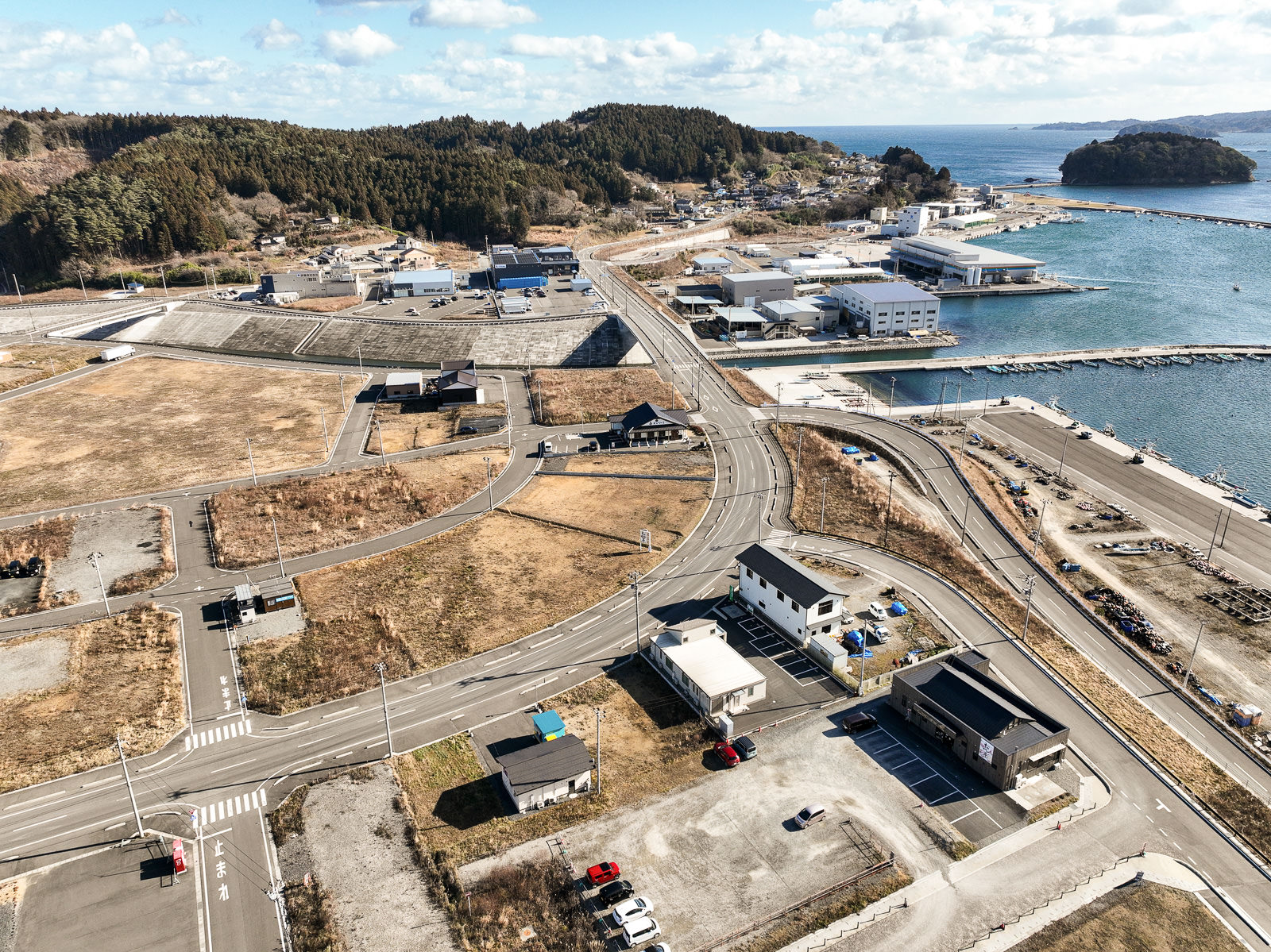 道路が交差し、住宅や建物がまばらに建ち並び、奥には森林が広がっている海の近くにある小さな町の風景を高台から定点カメラで撮影した写真
