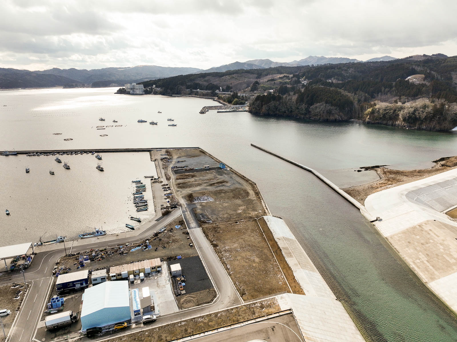 防波堤に囲まれた入り江の奥に、静かに停泊する漁船と整備された埠頭があり、背景には山と森が広がっている風景を高台から定点カメラで撮影した写真