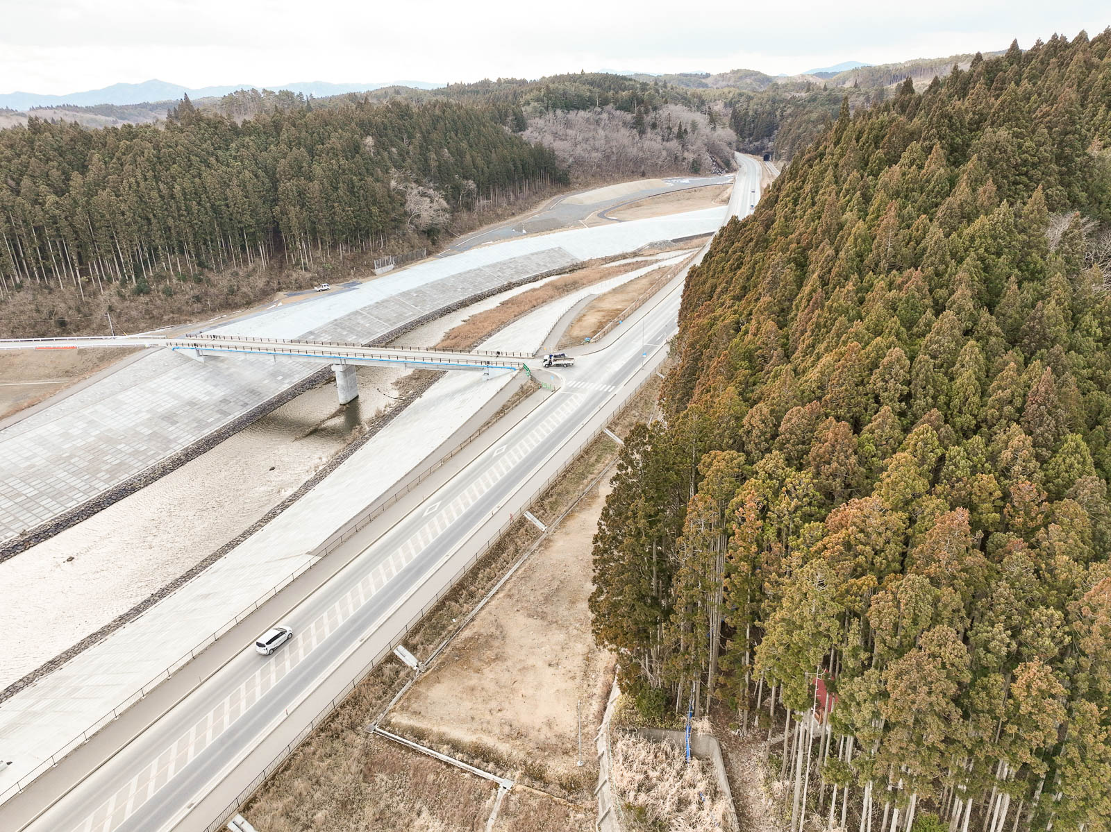 護岸工事が行われた川にかけられた橋が森の中に延び、両側に広がる山道と防潮堤が整然と整備された様子の風景を高台から定点カメラで撮影した写真